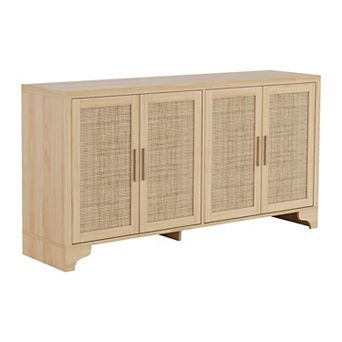 Modern Boho Rattan Sideboard, 4-Door Buffet Cabinet with Shelves