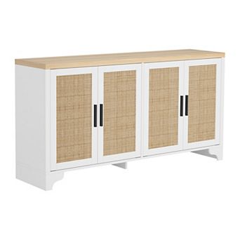 Modern Boho Rattan Sideboard, 4-Door Buffet Cabinet with Shelves