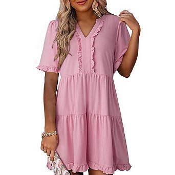 Women's V Neck Short Sleeve Dresses Pleated Tiered Ruffle Dress Casual Summer Swing Skater Dress
