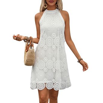 Women's Summer Sleeveless Halter Dresses Hollow Out Floral Crochet Beach Vacation Babydoll Dress