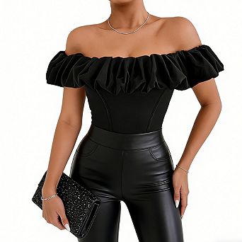 Women's Off Shoulder Short Ruffle Sleeve Fitted Top Casual Blouse