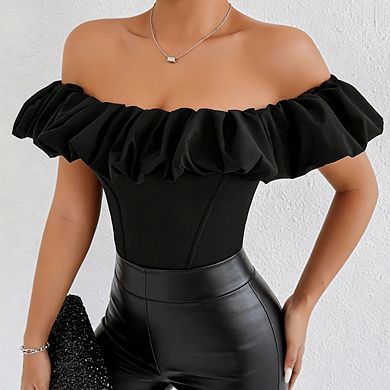 Women's Off Shoulder Short Ruffle Sleeve Fitted Top Casual Blouse