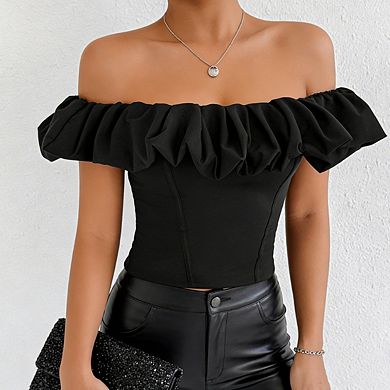 Women's Off Shoulder Short Ruffle Sleeve Fitted Top Casual Blouse