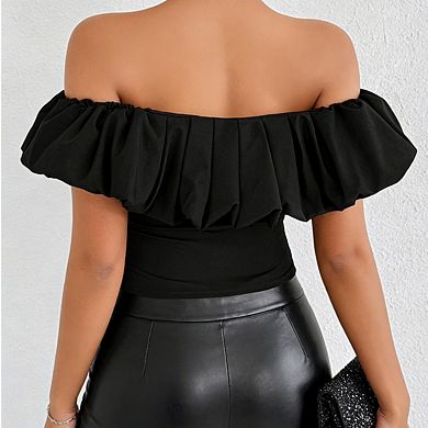 Women's Off Shoulder Short Ruffle Sleeve Fitted Top Casual Blouse