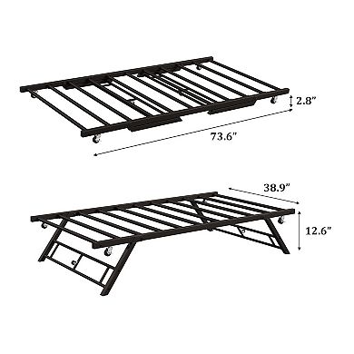 Metal Trundle Bed Frame with Lockable Casters, Twin Size, Steel Slats Support, Noise-Free Design
