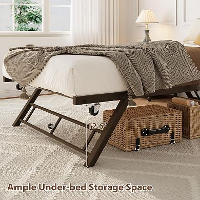 Metal Trundle Bed Frame with Lockable Casters, Twin Size, Steel Slats Support, Noise-Free Design