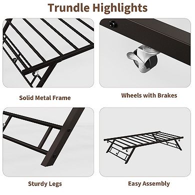 Metal Trundle Bed Frame with Lockable Casters, Twin Size, Steel Slats Support, Noise-Free Design