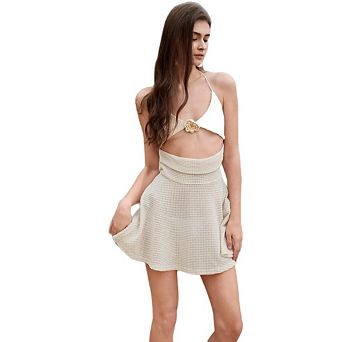 Women Swimsuit Cover Up V Neck Sleeveless Solid Color Waffle Knit Beach Coverup Dress