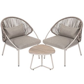 3 pc PE Wicker Patio Bistro Set with Zippered Cushions, Wood-Grain Tabletop