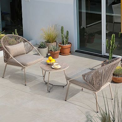3PCS PE Wicker Patio Bistro Set with Zippered Cushions, Wood-Grain Tabletop