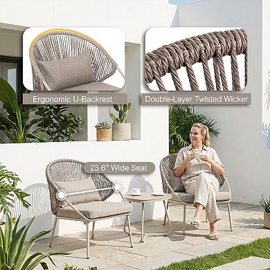 3PCS PE Wicker Patio Bistro Set with Zippered Cushions, Wood-Grain Tabletop