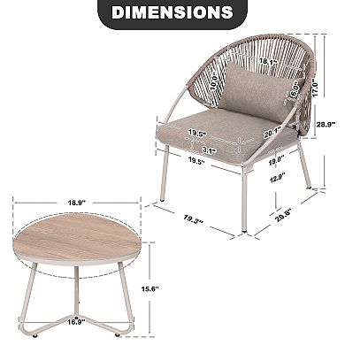 3PCS PE Wicker Patio Bistro Set with Zippered Cushions, Wood-Grain Tabletop