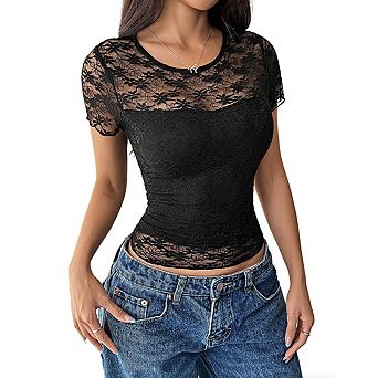 Women's Crew Neck Short Sleeve Sheer Lace Textured Fitted Crop Top