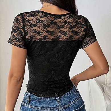 Women's Crew Neck Short Sleeve Sheer Lace Textured Fitted Crop Top