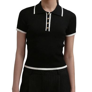 Womens Short Sleeve Collar Neck Button Ribbed Fitted Casual Top Blouse