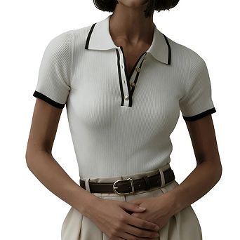 Womens Short Sleeve Collar Neck Button Ribbed Fitted Casual Top Blouse