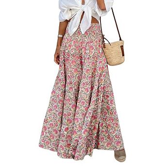 Women's Boho Floral High Waist Maxi Skirt Elastic Waist Tiered Ruffle Hem A Line Flowy Long Skirt