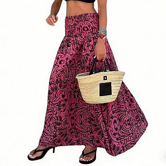 Women's Boho Floral High Waist Maxi Skirt Elastic Waist Tiered Ruffle Hem A Line Flowy Long Skirt