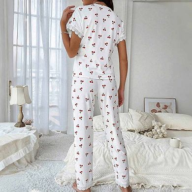 Women's Print Lace Trim Pajama Set Short Sleeve V Neck 2 Piece Loungewear Set