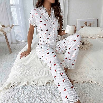 Women's Print Lace Trim Pajama Set Short Sleeve V Neck 2 Piece Loungewear Set