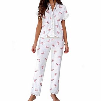 Women's Print Lace Trim Pajama Set Short Sleeve V Neck 2 pc Loungewear Set