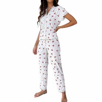 Women's Print Lace Trim Pajama Set Short Sleeve V Neck 2 pc Loungewear Set