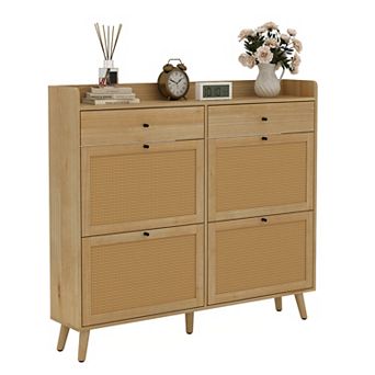 Modern Rattan Shoe Cabinet 47" Wide Entryway Organizer with 4 Flip Drawers & 2 Storage Drawers