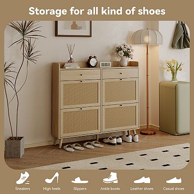 Modern Rattan Shoe Cabinet 47" Wide Entryway Organizer with 4 Flip Drawers & 2 Storage Drawers