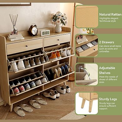 Modern Rattan Shoe Cabinet 47" Wide Entryway Organizer with 4 Flip Drawers & 2 Storage Drawers