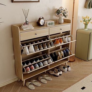 Modern Rattan Shoe Cabinet 47" Wide Entryway Organizer with 4 Flip Drawers & 2 Storage Drawers