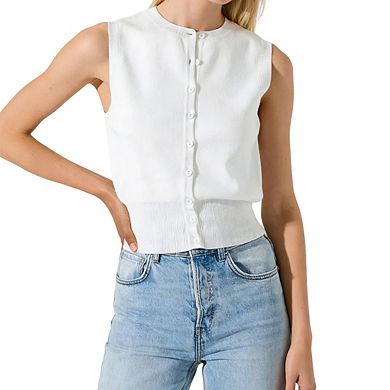 Women's Sleeveless Crew Neck Button Front Knit Tank Top Cropped Blouse