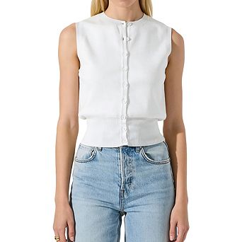 Women's Sleeveless Crew Neck Button Front Knit Tank Top Cropped Blouse