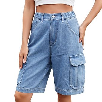 Bermuda Cargo Denim Shorts for Women Knee Length Elastic Waist with 6 Pockets Long Jorts for Summer
