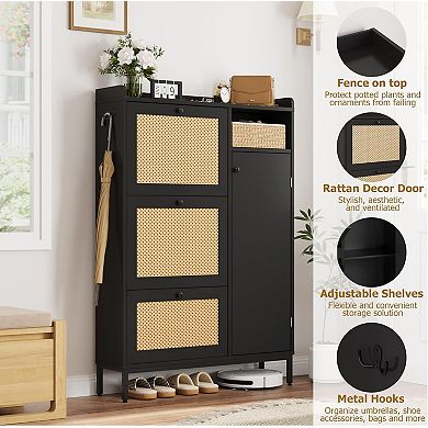 Slim Rattan Shoe Cabinet, with 3 Turnover Drawers, Adjustable Shelves, Metal Knobs, Side Shelves