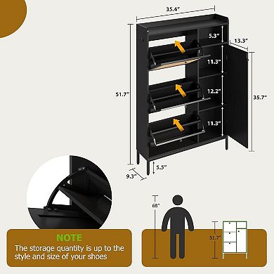 Slim Rattan Shoe Cabinet, with 3 Turnover Drawers, Adjustable Shelves, Metal Knobs, Side Shelves
