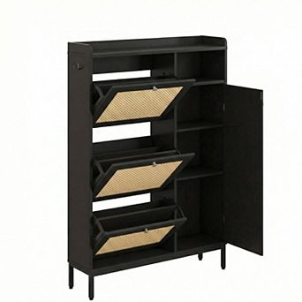 Slim Rattan Shoe Cabinet, with 3 Turnover Drawers, Adjustable Shelves, Metal Knobs, Side Shelves