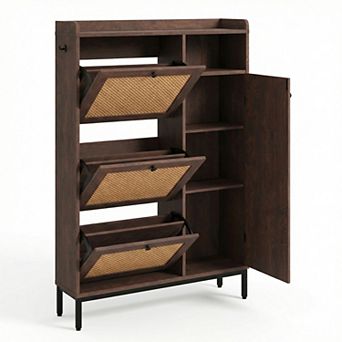 Slim Rattan Shoe Cabinet, with 3 Turnover Drawers, Adjustable Shelves, Metal Knobs, Side Shelves