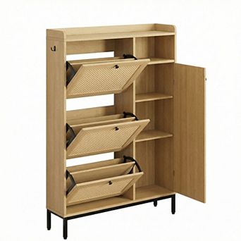 Slim Rattan Shoe Cabinet, with 3 Turnover Drawers, Adjustable Shelves, Metal Knobs, Side Shelves