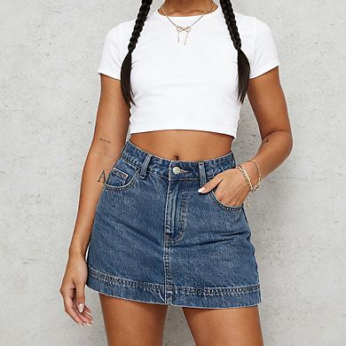 Women's High Rise Denim Mini Skirt with Stitched Hem and Functional Pockets