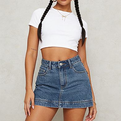 Women's High Rise Denim Mini Skirt with Stitched Hem and Functional Pockets
