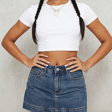 Women's High Rise Denim Mini Skirt with Stitched Hem and Functional Pockets