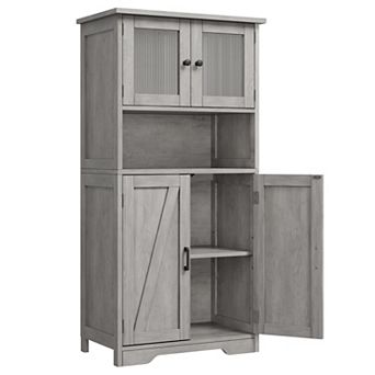 Freestanding Linen Storage Cabinet with Glass Doors & Adjustable Shelves, Rustic Floor Cupboard