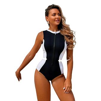 Women One Piece Swimsuit Athletic Bathing Suit Sport Surfing Zipper Swimwear
