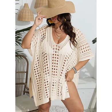 Women's Plus Size Suimsuit Short Sleeve Hollow Out Bathing Suit Cover Up