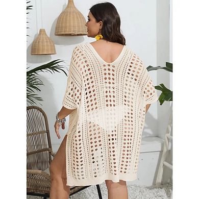 Women's Plus Size Suimsuit Short Sleeve Hollow Out Bathing Suit Cover Up