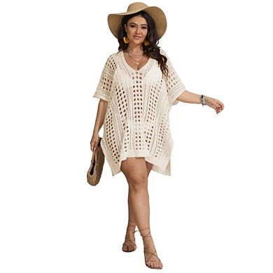 Women's Plus Size Suimsuit Short Sleeve Hollow Out Bathing Suit Cover Up