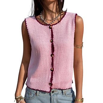 Vest Tops for Women Button Up Color Block Casual Sweater Vests Trendy Spring Summer Tops