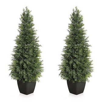 Artificial Cedar Topiary Trees Set of 2, Realistic Faux Cypress Plants for Porch, Patio, Home