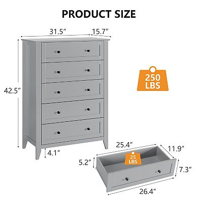 Modern 5 Drawer Dresser Tall Chest, Sleek Wood Storage Cabinet, Smooth Gliding Drawers