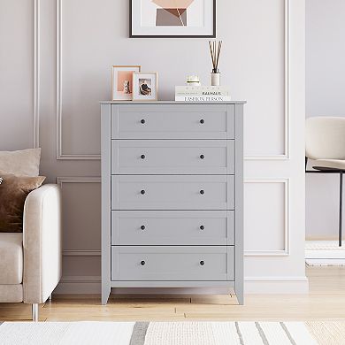 Modern 5 Drawer Dresser Tall Chest, Sleek Wood Storage Cabinet, Smooth Gliding Drawers